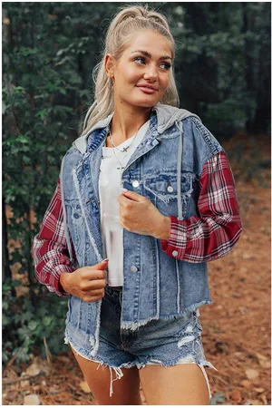 Azura Exchange Womens Beau Plaid Print Patchwork Hooded Raw Hem Denim Jacket Cotton - Size Large