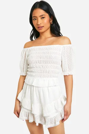 Boohoo Womens Petite Dobby Shirred Puff Sleeve Crop Top - - Size 12 UK
