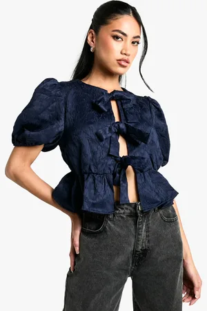 Boohoo Womens Textured Jacquard Tie Front Puff Sleeve Smock Top - - Size 16 UK