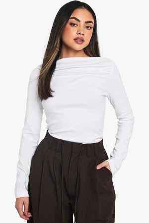 Boohoo Womens PEACHED MODAL ASYM RUCHED NECK LONG SLEEVE TOP - Cotton - Size 8 UK