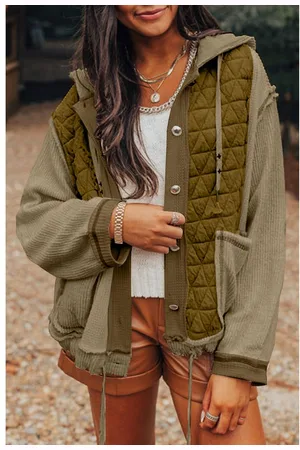 Azura Exchange Womens Jungle Green Quilted Textured Patchwork Loose Fit Hooded Jacket - - Size Large