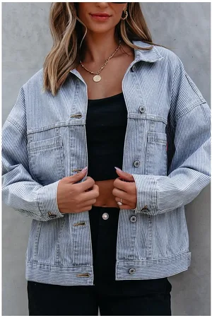 Azura Exchange Womens Stripe Washed Oversize Pocketed Denim Jacket Cotton - Size X-Large