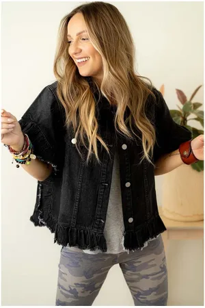 Azura Exchange Womens Raw Edge Ruffled Short Sleeve Denim Jacket Cotton - Size Small