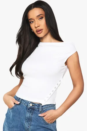 Boohoo Womens RIBBED ASYM POPPER ONE SHOULDER TOP - Cotton - Size 12 UK