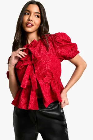 Boohoo Womens Textured Floral Jacquard Tie Front Puff Sleeve Smock Top - - Size 6 UK