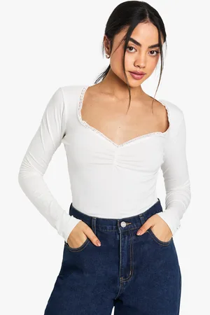 Boohoo Womens JERSEY LACE TRIM RUCHED BUST LONG SLEEVE TOP - - Size 14 UK