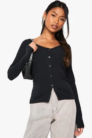 Boohoo Womens RIB LACE TRIM BUTTON UP RUCHED SID LONG SLEEVE TOP - - Size 6 UK