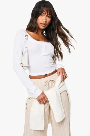 Boohoo Womens RIB DETAIL SCOOP NECK LONG SLEEVE TOP - Cotton - Size 12 UK
