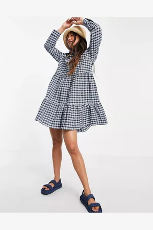 MANGO Womens Gingham Shirt Dress In Blue And Black - Cotton - Size X-Small