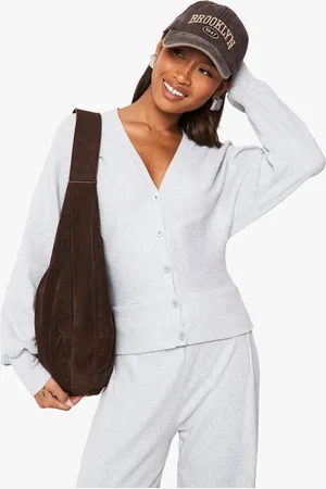 Boohoo Womens BRUSHED RIB V NECK CARDIGAN - Cotton - Size 16 UK