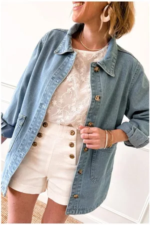 Azura Exchange Womens Dusk Blue Slit Buttons Pocketed Denim Jacket - Cotton - Size X-Large