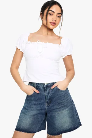 Boohoo Womens FRILL TRIM PUFF SLEEVE MILKMAID TOP - Cotton - Size 12 UK