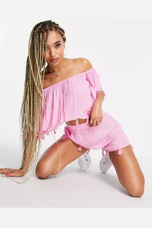 South Beach Womens Bandeau Crinkle With Glitter Stripe Tassel Top And Shorts Set - - Size X-Small