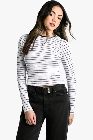 Boohoo Womens STRIPE RIB LONG SLEEVE TOP - Cotton - Size 10 UK