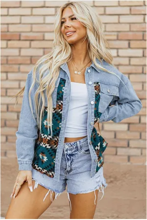 Azura Exchange Womens Aztec Printed Denim Jacket Cotton - Size X-Large