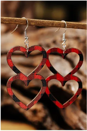 Azura Exchange Unisex Fiery Valentines Day Plaid Double Love Heart Wooden Earrings - One Size