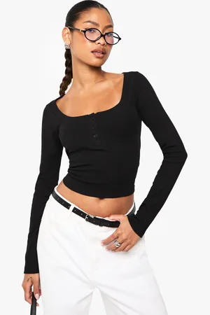 Boohoo Womens Rib Detail Scoop Neck Long Sleeve Top - Cotton - Size 14 UK