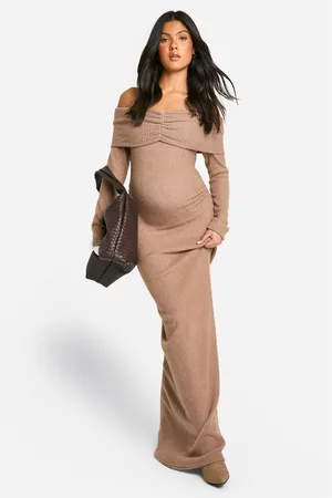 Boohoo Womens Maternity Soft Rib Off Shoulder Column Maxi Dress - - Size 8 UK
