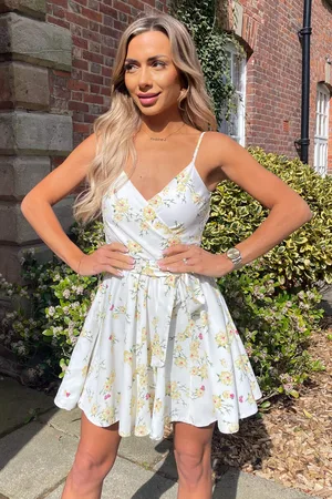 Ax Paris Womens Floral Printed Strappy Wrap Top Belted Mini Dress - Size 8 UK