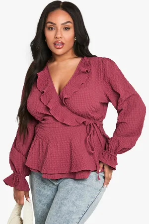 Boohoo Womens plus textured tie detail WRAP RUFFLE blouse - - Size 28 UK