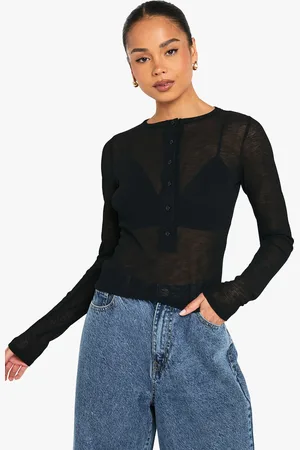 Boohoo Womens TEXTURED MESH BUTTON UP LONG SLEEVE TOP - - Size 10 UK
