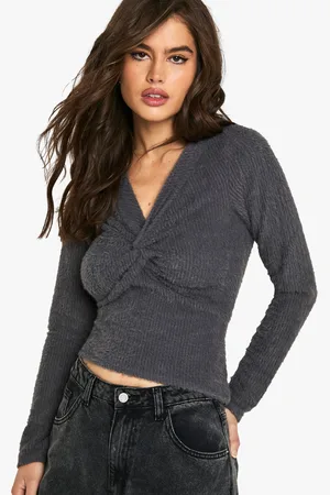 Boohoo Womens FLUFFY TWIST FRONT LONG SLEEVE TOP - - Size 6 UK