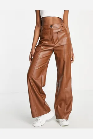 Stradivarius Womens Faux Leather Dad Trousers In Caramel - - Size 4 UK