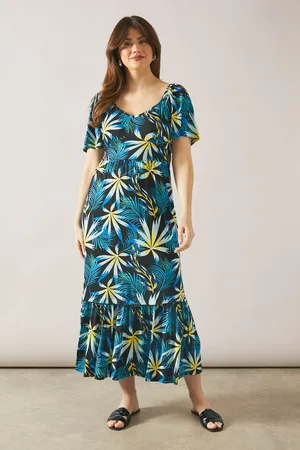 wallis Womens Palm Print Viscose Jersey Ruffle Midi Dress - - Size 8 UK