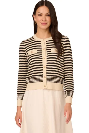 Adrianna Papell Womens Crew Neck Button Front Striped Pointelle Long Sleeve Sweater - - Size Large
