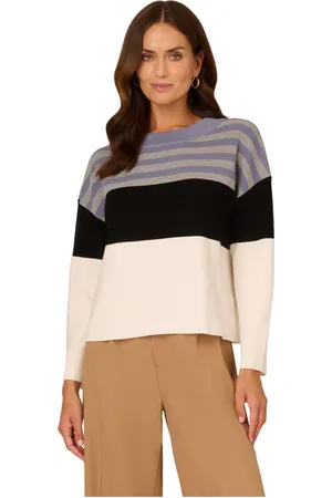 Adrianna Papell Womens Dropped Shoulder Boat Neck Color Blocked Long Sleeve Sweater - - Size Large