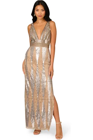 Adrianna Papell Womens Fully Beaded V-Neck Long Dress - - Size 14 UK