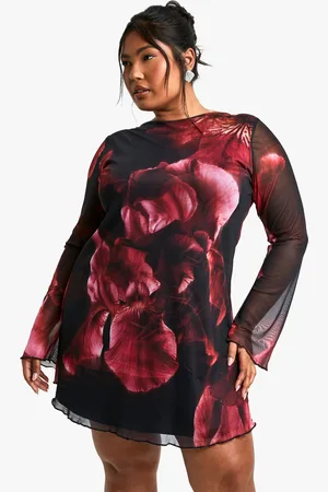 Boohoo Womens Plus Blur Floral Mesh Flare Sleeve Mini Dress - - Size 18 UK