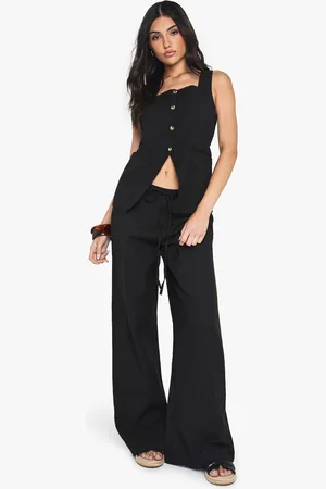 Boohoo Womens Linen Look Square Neck Waistcoat And Tailored Wide Leg Trousers Co-Ord - Cotton - Size 10 UK