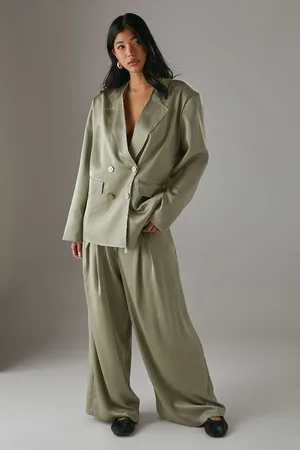 warehouse Womens Relaxed Satin Wide Leg Trousers with Raw Edge Waistband - - Size 14 UK