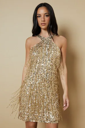 Oasis Womens Fringe Embellished Halter Neck Mini Dress - - Size 8 UK