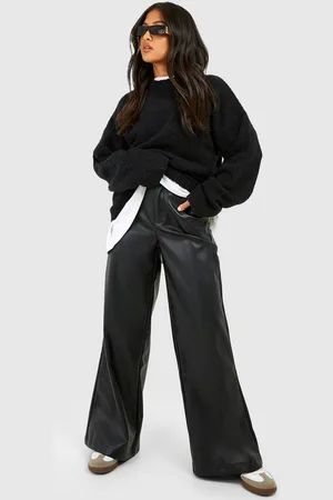 Boohoo Womens Petite Leather Look Wide Fit Trousers - - Size 6 UK
