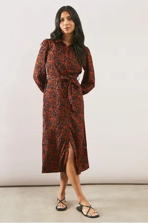 wallis Womens Leopard Long Sleeve Belted Shirt Dress - - Size 8 UK
