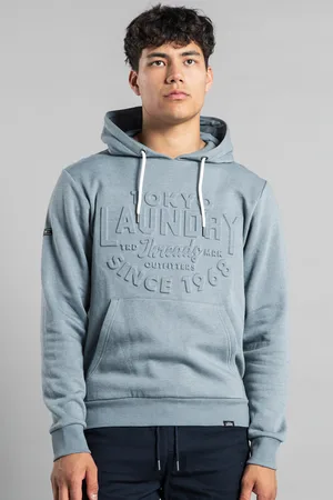 Tokyo Laundry Mens Grey Cotton Blend Embossed Drawstring Hoody - - Size X-Large