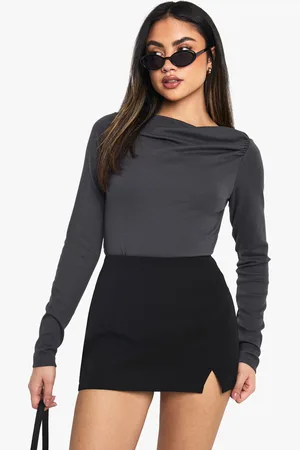 Boohoo Womens PEACHED MODAL ASYM RUCHED NECK LONG SLEEVE TOP - Cotton - Size 6 UK