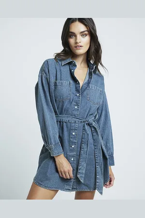 River Island Womens Mini Shirt Dress Denim Belted Cotton - Size 12 UK