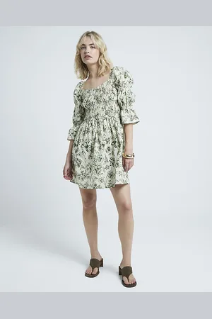 River Island Womens Smock Mini Dress Floral Shirred Cotton - Size 6 UK