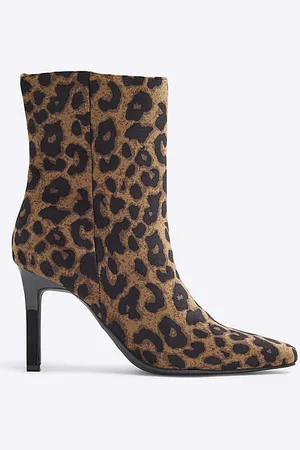 River Island Womens Ankle Boots Leopard Print Heeled Textile - Size UK 9