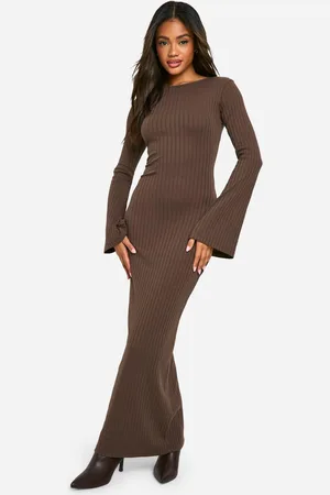 Boohoo Womens Wide Rib Tie Back Flare Sleeve Maxi Dress - Cotton - Size 14 UK