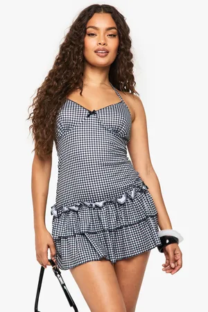 Boohoo Womens Gingham Strappy Tiered Mini Dress - - Size 14 UK