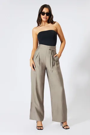 MissPap Womens Linen Look Wide Leg Paper Bag Waist Trousers - Viscose - Size 12 UK