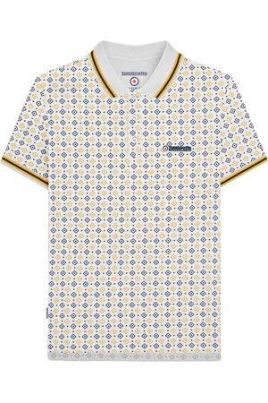 Lambretta Mens SS25 Geometric Polo Shirt (White/Navy/Gold) - Cotton - Size X-Large