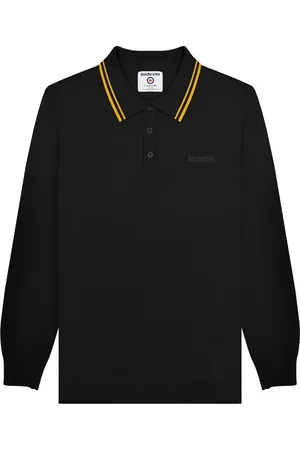 Lambretta Mens Knitted Tipped Long-Sleeved Polo Shirt ( /Gold) Cotton - Size 2XL
