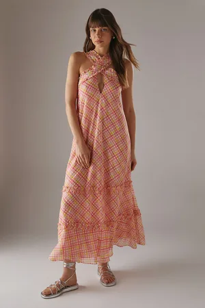 warehouse Womens Dobby Chiffon Frill Halter Tier Ruffle Maxi Dress - - Size 8 UK