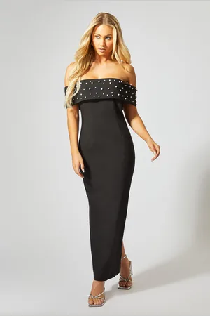MissPap Womens Bardot Pearl Embellished Maxi Dress - - Size 6 UK