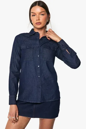 Boohoo Womens Chambray Denim Long Sleeve Western Shirt - Cotton - Size 6 UK
